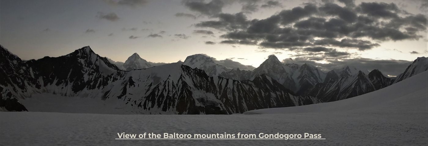 Panoramic view of Baltoro mountains from Gondogoro Pass during North Pakistan Adventure tour