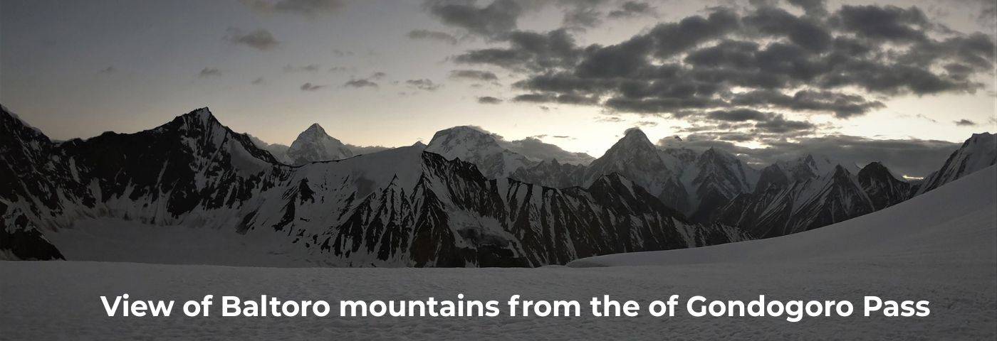 Panoramic view of Baltoro mountains from Gondogoro Pass during North Pakistan Adventure tour