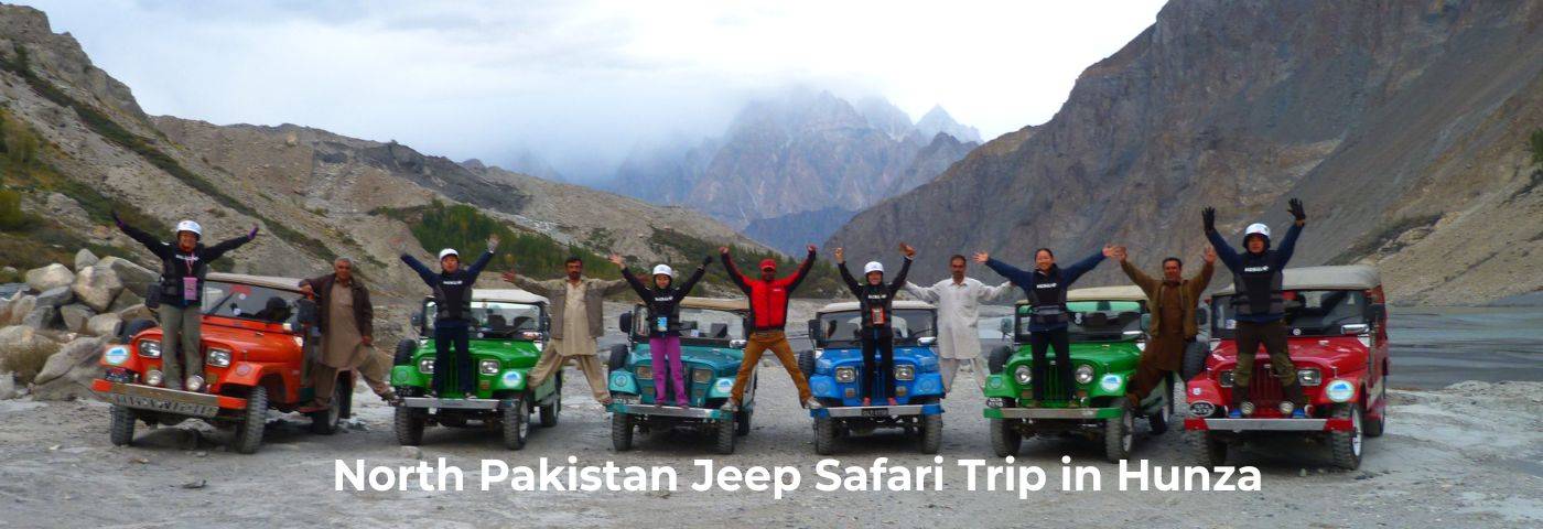 Adventurers on a jeep safari through Hunza Valley with North Pakistan Adventure